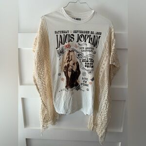 Upcycled Janis Joplin Graphic Tee with Lace Sleeves